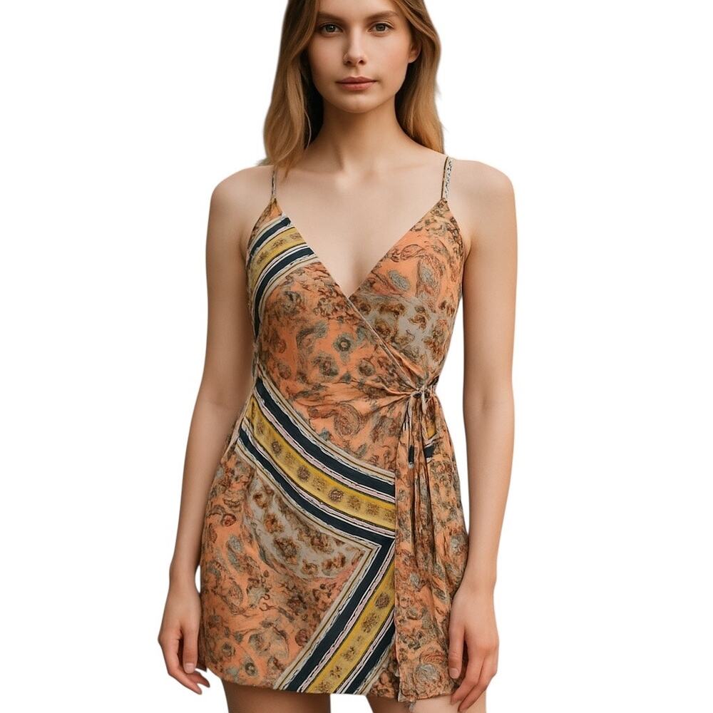 Lulus Sleeveless Wrap Mini Dress Multi Print Yellow/Peach Size XS NWT